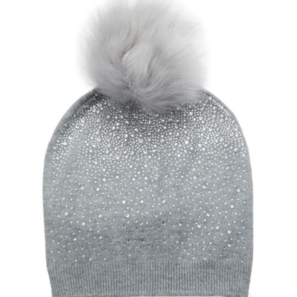 Adrienne Landau Studded Faux Fur Wool Blend Beanie